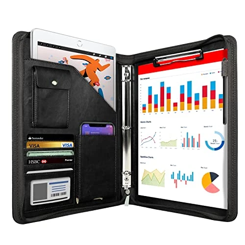 WRIYES Leder-Konferenzmappe mit Reißverschluss – Organizer mit 3-Ring-Mechanik, ideal für iPad, Dokumente, Handy & Visitenkarten – Professionelle Businessmappe für Damen und Herren (Schwarz)