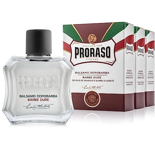 Proraso Barbe Dure After Shave Balsam für Herren, 3 x 100 ml, After Shave für Herren mit Extrakten aus Sandelholz und Sheabutter, beruhigend und feuchtigkeitsspendend, hergestellt in Italien