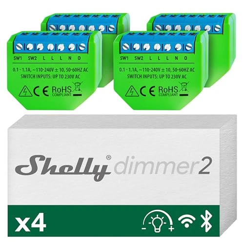 Shelly Dimmer 2, Módulo Regulador dee Luz Wi-Fi, Atenuador Inalámbrico, No necesita neutro, LED 10-220W, incandescentes/Halógenas 1-220W Compatible con Alexa & Google Home, iOS Android App (4 Piezas)