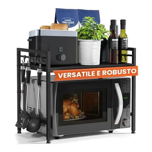 Offerta a tempo: Heldenwunder Mensola MobileCucina Salvaspazio Acciaio (2 Ripiani) | Organizer Forno Mobiletto Scaffali | Supporto Microonde Regolabile + Video Guida, Ganci – Nero - 19% da 29.99 € a 24.29 €