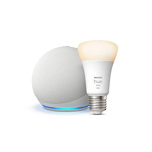 Offerta a tempo: Echo Dot (5ª generazione) | Bianco ghiaccio + Philips Hue White Lampadina LED Smart (E27), compatibile con Alexa - Kit di base per Casa Intelligente - 54% da 105.98 € a 49.11 €