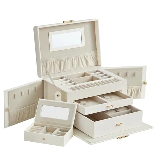 Limited-time offer: SONGMICS Jewellery Box 3 Layers, Jewellery Organiser with 2 Drawers, Jewellery Case with Portable Travel Case, with Handle, Lockable, Gift Idea, Cloud White PU Cover, Cream White Lining JBC121W02 from 33.99 £ to 23.99 £ (save 29%)