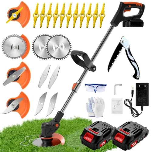 Offerta a tempo: Decespugliatore a batteria, decespugliatore elettrico senza fili fornito con 2 batterie da 21 V e un caricabatterie, taglio bordo senza fili con 3 lame diverse, può tagliare prati e arbusti - 21% da 79.00 € a 62.42 €