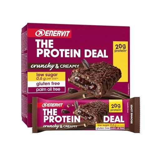 Enervit, The Protein Deal Brownie Lover, Barrette Proteiche, Gusto Cioccolato Fondente, Ripieno Morbido al Brownie, Snack Goloso, 20g di Proteine, 0,6g di Zuccheri, Senza Glutine, 12 Barrette da 55g