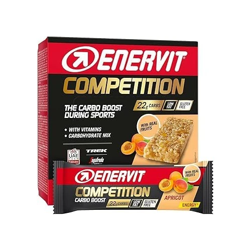 Enervit Competition Bar Albaricoque, Barritas Energéticas con Trozos de Albaricoque, Fórmula Técnica, Para Actividades de Alta Intensidad, 22g de Carbohidratos, Vegano, Sin Gluten, 12 Barritas de 30g