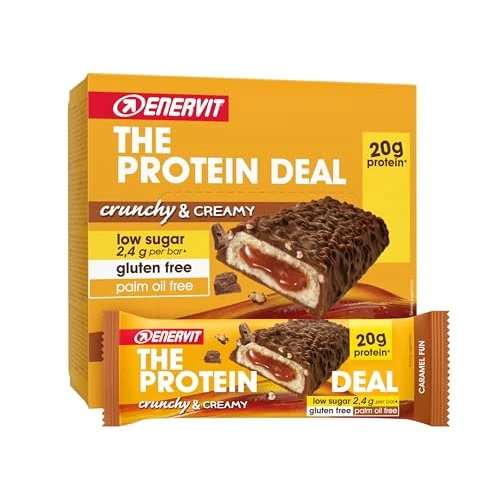 Enervit, The Protein Deal Caramel Fun, Barrette Proteiche, Gusto Cioccolato al Latte, Ripieno Morbido al Caramello, Snack Goloso, 20g di Proteine, 2,4g di Zuccheri, Senza Glutine, 12 Barrette da 55g