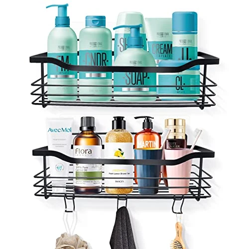 HAPPTWS Minimalist Black Shower Storage, 2 Pack Shower Shelf, Stainless Steel, No Drilling, Self-Adhesive, 2 Compartments, 2 Hooks, Scratchproof, 1.5kg Max Weight, 12.2 x 3.35 x 3.94 inches
