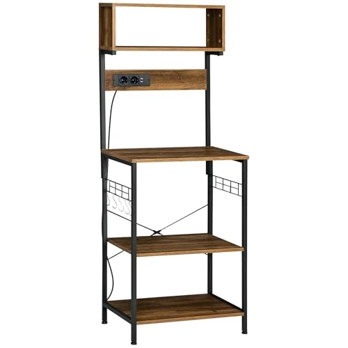 HOMCOM Etagère de Cuisine avec 2 chargeurs USB Etagère pour Micro-Ondes Meuble de Cuisine avec Prise électrique 5 Crochets et étagère réglable 60x42x153 cm Rustic Brown