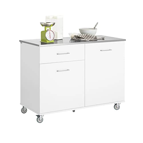 Limitiertes Angebot: SoBuy Kücheninsel auf Rollen Servierwagen mit Rollen Küchenwagen mit Edelstahl-Arbeitsplatte Rollwagen mit 1 Schublade Barwagen für Küche, Esszimmer, Frühstücksbar Weiß 120x90x56cm FKW117-W von 259.95 EUR auf 209.91 EUR (Spare 19%)