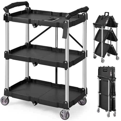 VEVOR Foldable Utility Service carry, 3 Shelf 165LBS Heavy Duty Plastic Rolling carry with Lockable Wheels, Ergonomic Handle, Portable Garage Tool carry for Warehouse/Office/Home(25.62"x15.43"x32.76")