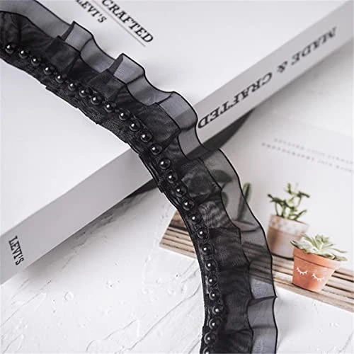 3 yards 3,5 cm Kralen versierde geplooide mesh kanten boord voor stoffen decoratie aan rok zoom en hals, kanten lint sierrand kanten boord boorden linten ruches boord kant rand naaigard, zwart