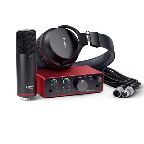 Focusrite Scarlett Solo Studio (4° gen.), pacchetto con interfaccia audio USB per cantautori e produttori, microfono a condensatore e cuffie, ideale per registrazioni, streaming e podcast
