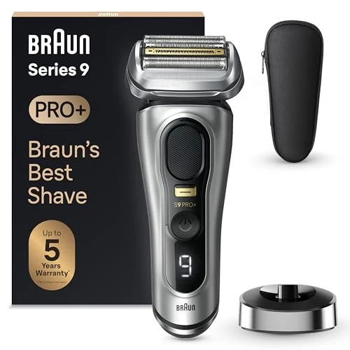 Braun Series 9 Pro + elektryczna golarka męska z 5 elementami do golenia Pro, maszynka do długich włosów ProTrimmer, stacja ładująca, czas pracy 60 min, na mokro i sucho, wyprodukowano w Niemczech,