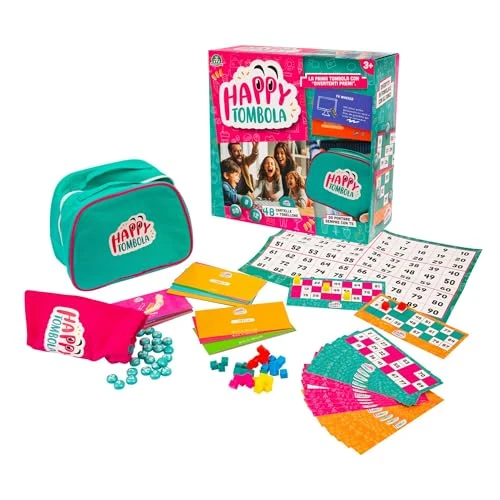 Giochi Preziosi Happy Tombola, Tombola Classique Renouvelée avec 100 récompenses amusantes déjà incluses, avec tableau, dossiers, numéros, tampons effaçables et carnet de prix, adaptée à tous les âges