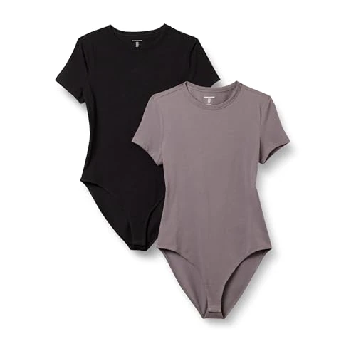 Offerta a tempo: Amazon Essentials Body a Maniche Corte Aderente in Cotone Elasticizzato Donna, Pacco da 2, Grigio/Nero, XL - 20% da 28.20 € a 22.70 €