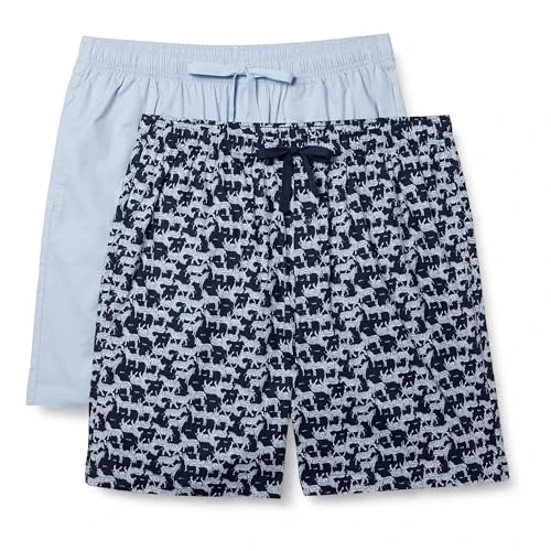 Offerta a tempo: Amazon Essentials Pantaloncini del Pigiama da Casa in Popeline di Cotone Elasticizzato Uomo, Confezione de 2, Azzurro Opaco/Zebra, XXS - 0.00% da 30.10 € a 30.10 €