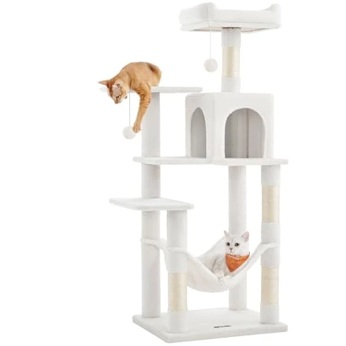 Feandrea Arbre à Chat Hauteur 143 cm, Tour de Jeux pour Chats, avec 4 Poteaux à Griffer, 2 Plateformes, 1 Niche, 1 Hamac, 2 Pompons, en Tissu Peluche, Multi-Niveaux, Blanc Crème PCT161T01