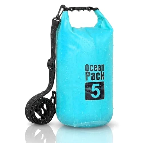 Offerta a tempo: Dry Bag, Borsa Sacca Zaino Impermeabile Waterproof, chiusura a rotolo e tracolla, custodia impermeabile per cellulare e marsupio per Mare Barca Pesca Rafting Spiaggia Sport Acquatici (Light Blue, 5l) - 0.00% da 11.99 € a 11.99 €