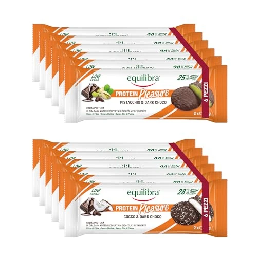 Offerta a tempo: Equilibra Alimenti Proteici, Protein Pleasure Cocco & Dark Choco, Pistacchio & Dark Choco, Cialda con Crema Proteica Ricoperta di Cioccolato, Low Sugar, High Protein, No Glutine, 12 Confezioni da 34 g - 45% da 25.64 € a 13.99 €