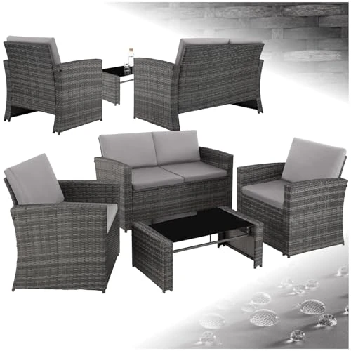 Oferta limitada: tectake® Conjunto Jardín de Ratán y Acero, Muebles Jardín Exterior, 2 Sillones, 1 Sofá, 1 Mesa con Cristal, Conjunto Terraza Resistente a Intemperie, con Cojines, Fundas Extraíbles - Gris/Gris Claro de 269.90 € a 249.90 € (ahorro 7%)
