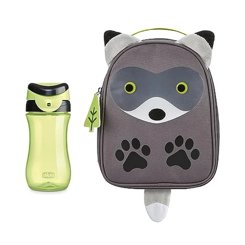 Chicco Raccoon Thermal Backpack and Travel Cup Kit, Practical Kit Consisting of Thermal Cap, Raccoon Shape and Green Travel Cup, 350 ml, Airtight Opening and Closing, 2 Years +