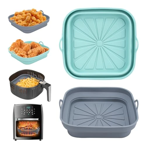 Alyvisun Teglie Accessori per Friggitrice ad Aria, 2 Pezzi Teglia in Silicone per Air Fryer Contenitori Cestello Riutilizzabile Quadrato Tappetino Stampi Per Airfryer, Microonde, Forno (Blu+Grigio)