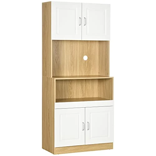 Offerta a tempo: HOMCOM Mobile Dispensa Alto in Truciolato Bianco e color Legno a 4 Ante con Armadietti e Ripiano Aperto, per Cucina e Soggiorno, 80x40x180 cm - 15% da 146.95 € a 124.45 €