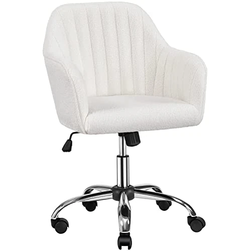 Yaheetech Silla de escritorio ergonómica de terciopelo giratoria con ruedas, reclinable, altura ajustable, acolchada, capacidad de carga 136 kg, color marfil