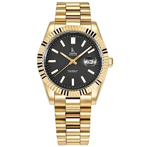 Oferta limitada: Alienwork Reloj Hombre Mujer Oro Pulsera de Metal Acero Calendario Fecha Negro Clásico Elegante de 35.98 EUR a 19.99 EUR (ahorro 44%)