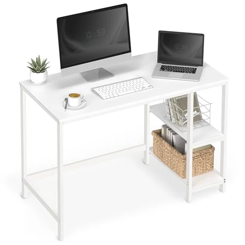 VASAGLE Escritorio, Mesa de Ordenador, con 2 Estante a la Izquierda o a la Derecha, para Oficina, Dormitorio, Estructura de Acero, Moderno, Blanco Arce LWD047W44