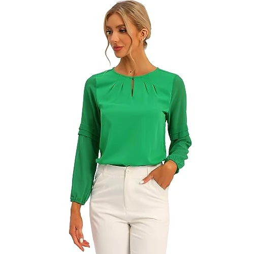 Offerta a tempo: Allegra K Camicetta da lavoro da donna, in chiffon, semi trasparente, con apertura a chiave, elegante, Verde brillante., L - 0.00% da 33.23 € a 33.23 €