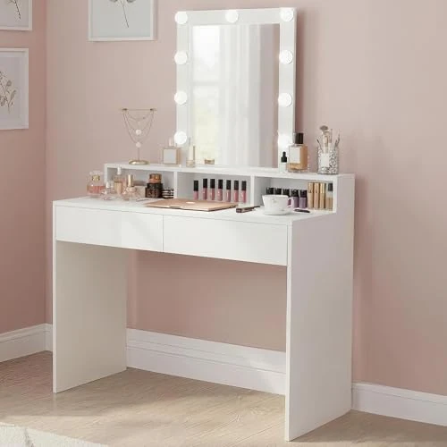 VASAGLE kaptafel met LED-verlichting, instelbare helderheid, kaptafel met spiegel, cosmeticatafel met 2 laden en 3 open vakken, modern, wit RDT164W01