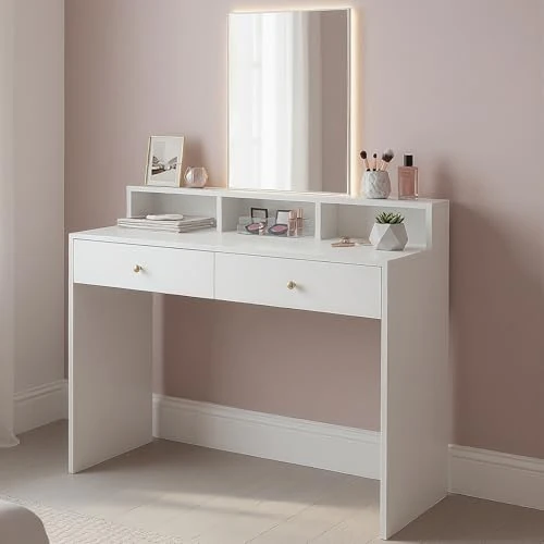 Offerta a tempo: VASAGLE Toeletta con Specchio Grande, Postazione Trucco con 2 Cassetti e 3 Scomparti, Tavolo da Trucco, Stile Moderno, Bianco RDT163W01 - 18% da 84.99 € a 69.69 €