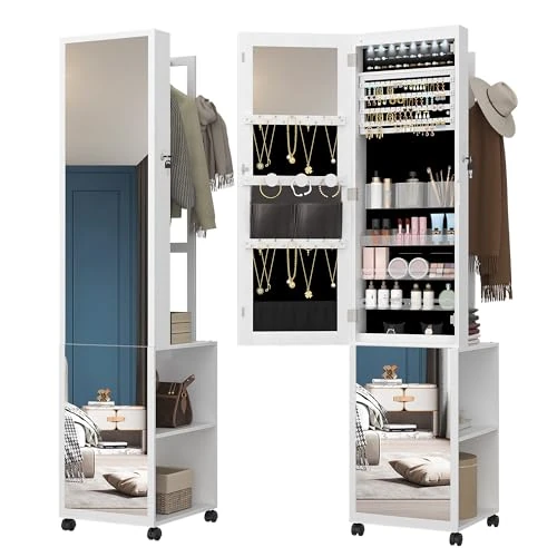 Hzuaneri Schmuckschrank, Schmuck Spiegelschrank, schmuck spiegelschrank stehendstehender Schmuck-Organizer mit 1 Kleiderständer, 3-stufige Ablageflächen mit 4 Kleiderhaken, weiß und Schwarz JC17003B