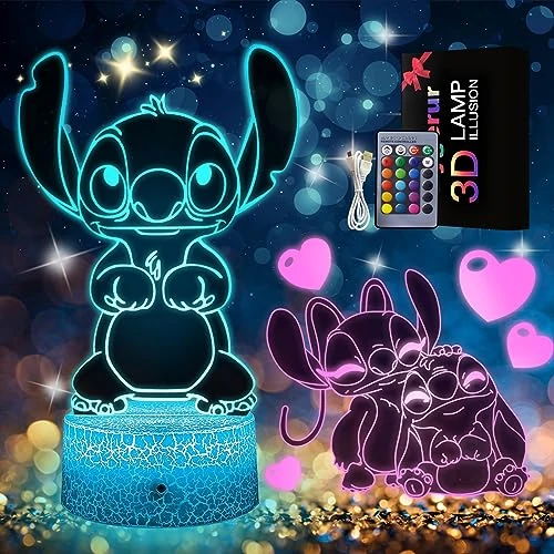 Eygerur Stich Lampada - 2 Pezzi Stich Luce Notturna Bambini - 16 Colori Lamp Stich Intelligente Con Telecomando a 3D LED Illusione Idea Regalo di Natale Stich Decorazione Per la Camera dei Bambini