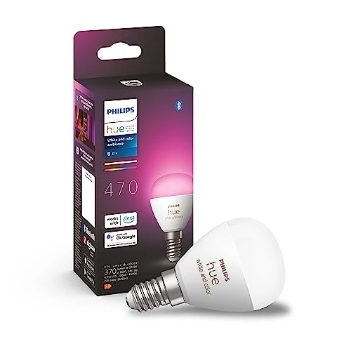 Limited-time offer: Philips Hue White and Colour Ambiance Luster Smart LED Light Bulb 1 Pack [E14 Edison Screw] for Indoor Home Lighting, Livingroom, Bedroom. from 54.99 GBP to 53.54 GBP (save 3%)