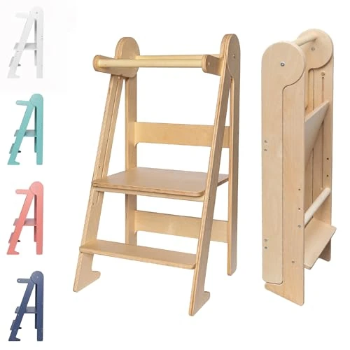 TOYBOX Learning Tower, Montessori Toddler Kitchen Tower, Foldable & Compact Learning Helper Stool for Toddlers with Safety Rail (Natural Wood)
