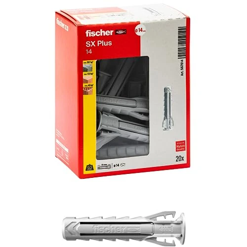 Offerta a tempo: Fischer 20 Tasselli SX Plus 14x70 mm per Muro Pieno, Mattone Forato, Muratura, Calcestruzzo, per il Fissaggio di Lampadari, Mobili, Pensili, Mensole, 567614 - 46% da 14.90 € a 8.00 €