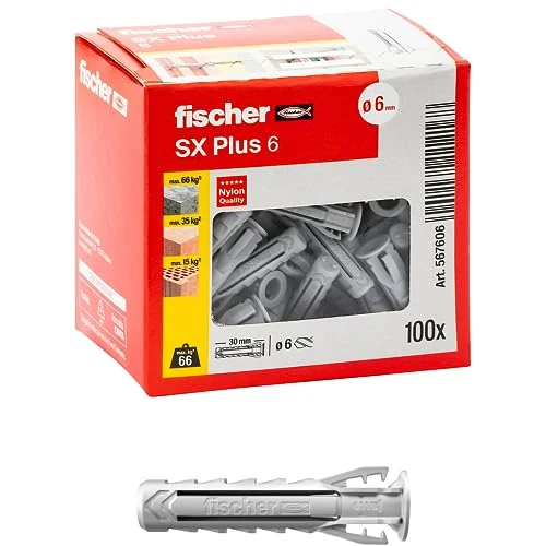 Offerta a tempo: Fischer 100 Tasselli SX Plus 6x30 mm per Muro Pieno, Mattone Forato, Muratura, Calcestruzzo, per il Fissaggio di Lampadari, Mobili, Pensili, Mensole, 567606 - 0.00% da 12.98 € a 12.98 €