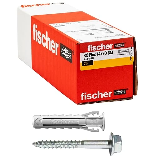 Zeitlich begrenztes Angebot: Fischer 25 x SX Plus BM Dübel mit Sechskantschraube 14 x 70 mm, Vollwand, Lochziegel, Mauerwerk, Beton, zur Befestigung von Lampen, Möbeln, Schränken, Regalen, von 56.00 € auf 56.00 € (0.00% Rabatt)