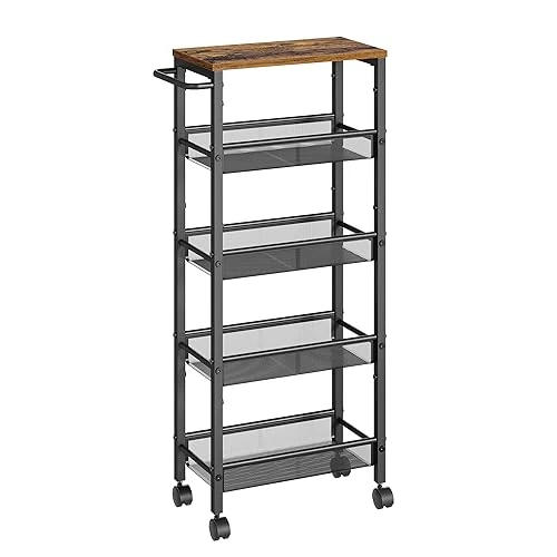 Tijdelijke aanbieding: VASAGLE LRC035B01 Trolley met 5 niveaus, smalle keukentrolley op wielen, staal, met handgreep, voor kleine ruimtes, keuken, badkamer, woonkamer, studeerkamer, 22 x 45,4 x 99,6 cm, vintage bruin-zwart van 44.99 EUR naar 44.99 EUR (korting 0%)