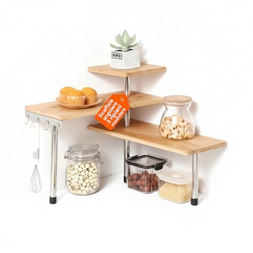Avilia Estante esquinero de Cocina de bambú con 3 estantes y Estructura de Acero – Mueble para Especias multifunción con Ganchos, Ideal para Especias, condimentos y Utensilios