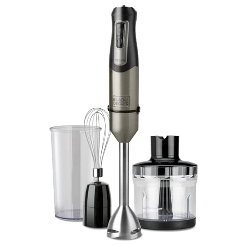 Tijdelijke aanbieding: BLACK+DECKER - Staafmixer 3-in-1 1200W | 20 snelheden + Turbo | RVS-messen | Inclusief maatbeker 250ml, hakbeker 350ml & garde | Spatbescherming | Anti-vingerafdruk van 64.99 € naar 59.47 € (8% korting)