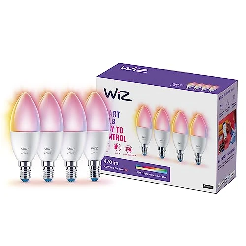 WiZ Tunable White and Color LED Lamps E14 4-Pack (470 lm), 40 W Lamps with 16 Million Colours or Warm to Cool White dimmable Light, Smart Light Control via WLAN by Voice/app