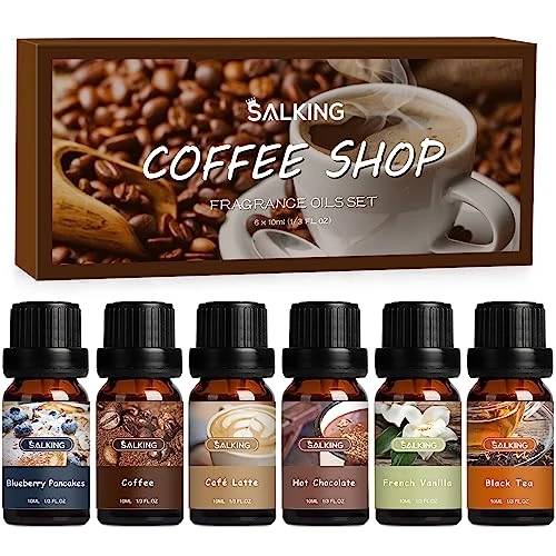 Tijdelijke aanbieding: SALKING Café Set etherische oliën, aromatherapie-cadeauset, pure geuroliën voor diffuser, geurlampen, luchtbevochtiger, 6 x 10 ml (bosbessenpannenkoeken, koffie, latte, chocolade, vanille, zwarte thee van 13.13 EUR naar 13.13 EUR (korting 0%)