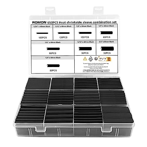 Offerta a tempo: Romon 650 Pezzi Guaina Termorestringente Nera, Termorestringente per Cavi Elettrici, Guaina Termorestringente Tubi, Kit Tubo Termorestringente, Rapporto di Restringimento 2: 1, 8 Taglia - 5% da 7.99 € a 7.59 €