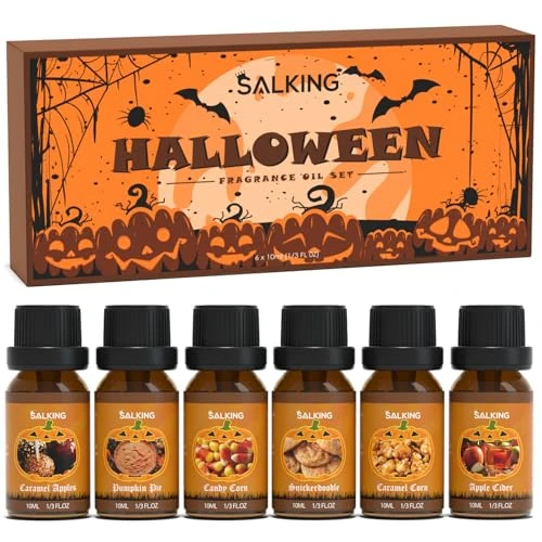 SALKING Halloween Set etherische oliën, cadeauset, aromatherapie geurolie pure geurolie voor diffuser luchtbevochtiger, 6 x 10 ml (pompoentaart, karamelappels, suikermaïs, kaneel, popcorn, appelwijn)