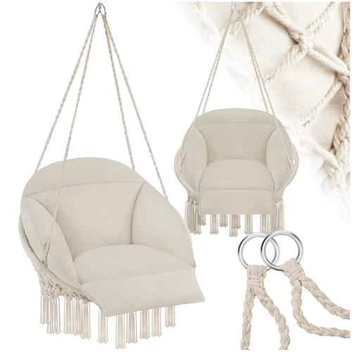 Oferta limitada: tectake® Cesta Colgante de Estilo Boho Ø 80 cm, Cojines Gruesos de 10-12 cm, Sillón Balancín con Robustas Borlas y 2 Anillas de Fijación, para Interior y Exterior, Cap. de Carga: 160 kg - Beige de 46.90 € a 46.90 € (ahorro 0.0%)