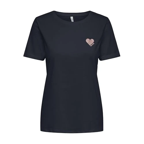 ONLY Women's Onlkita Life S/S Logo Top Noos, Night Sky/Print: Rose Gold Glitter Heart, Large