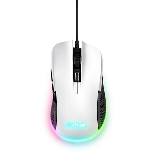 Trust Gaming GXT 922W Ybar Mouse Gaming, 68% Plastica Riciclata, Illuminazione LED RGB, 6 Pulsanti Programmabili, Software Avanzato, 200-7200 DPI, Mouse con Filo USB PC, Computer, Portatile, Bianco